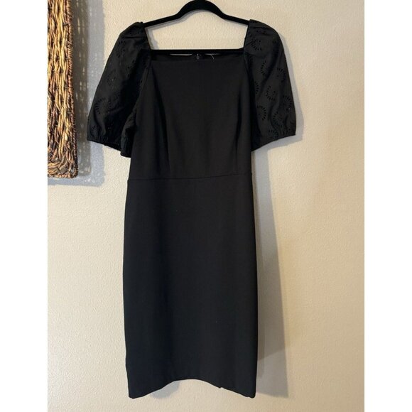 Ann Taylor Dress 14 Black Eyelet Short Sleeve Ponte Career Church NWT Washable - Picture 9 of 12